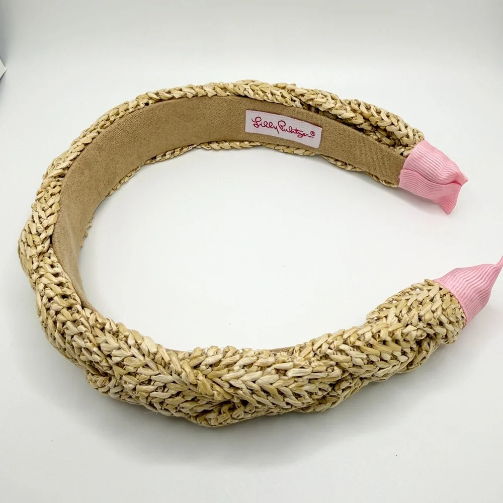 Lilly Pulitzer Braided Natural Raffia Headband with Pink Tips NEW